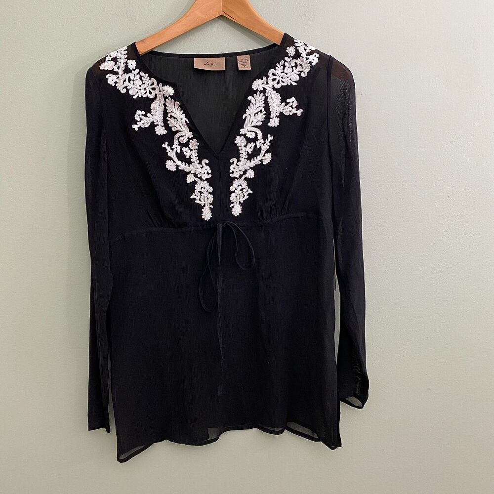 I.E. Silk Top Womens Small Black Sheer Blouse Embroidered Long Sleeve Boho